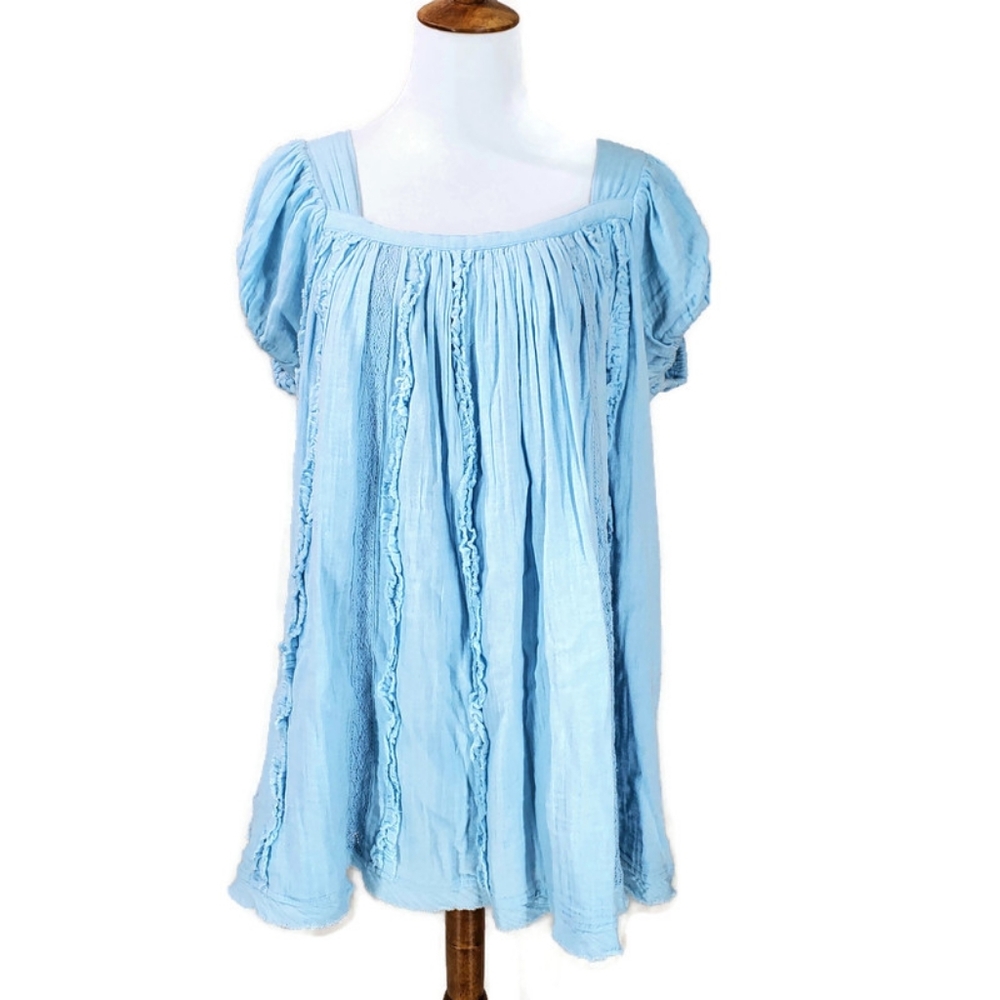 Free People Angele Gauzy Mini Dress Boho Summer Blue Oversized Puff Sleeve XS - Picture 3 of 15